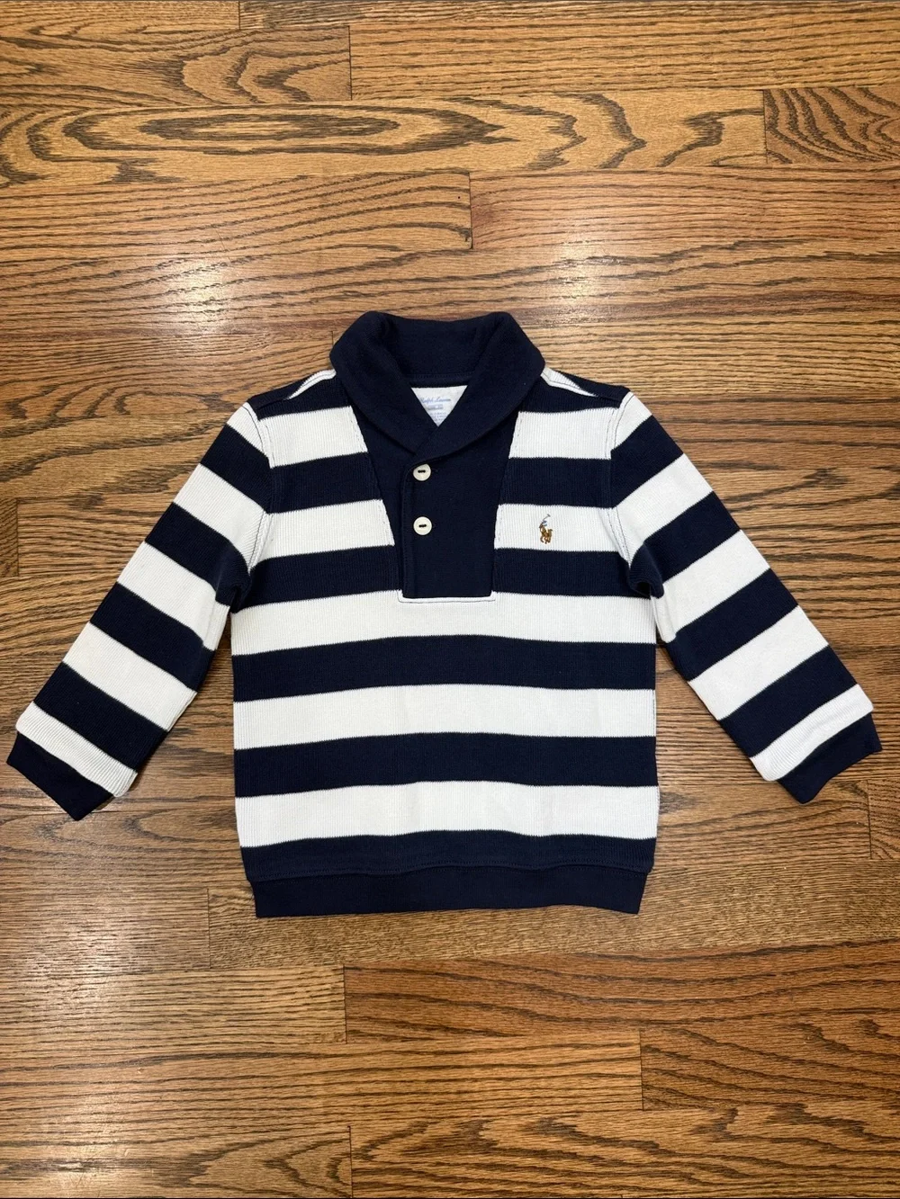 Boy’s Ralph Lauren Navy & White Striped Shawl-Collar Sweater Size 24 M